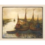 Willem Paerels (1878-1962), belgischer Maler, Fischerboote bei Sonnenuntergang, Aquarellund