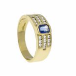 Saphir-Brillant-Ring GG 750/000 mit einem fac. Saphir 5 x 4 mm und 20 Brillanten, zus.0,40 ct TW/VS,