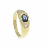 Saphir-Brillant-Ring GG 750/000 mit einem oval fac. Saphir 5,5 x 4 mm und 2 Brillanten,zus. 0,06