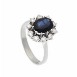 Saphir-Brillant-Ring WG 585/000 mit einem oval fac. Saphir 1,65 ct in einem grünstichigenBlau und 10