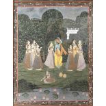 Pichwai, Indien, 19./20. Jh., tanzender Krishna und beistehende Frauen, im Vordergrund einTeich