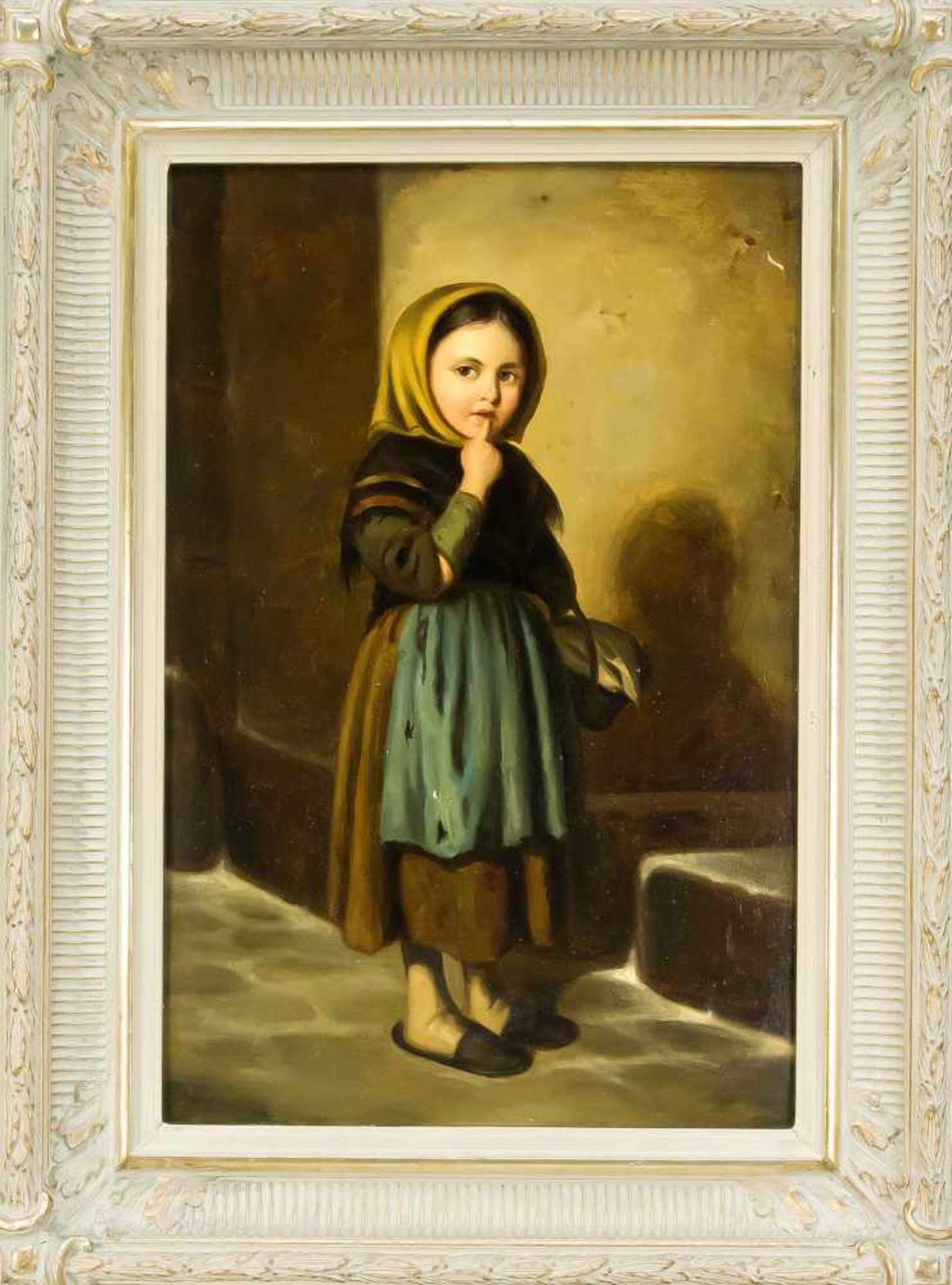 Französischer Maler Ende 19. Jh., Straßenmädchen mit Korb, Öl auf Karton, unsign.,fachmännisch