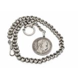 Taschenuhrkette Silber mit Münzanhänger, L. 35 cm, ges. Gewicht 33,4 gPocket watch chain silver with