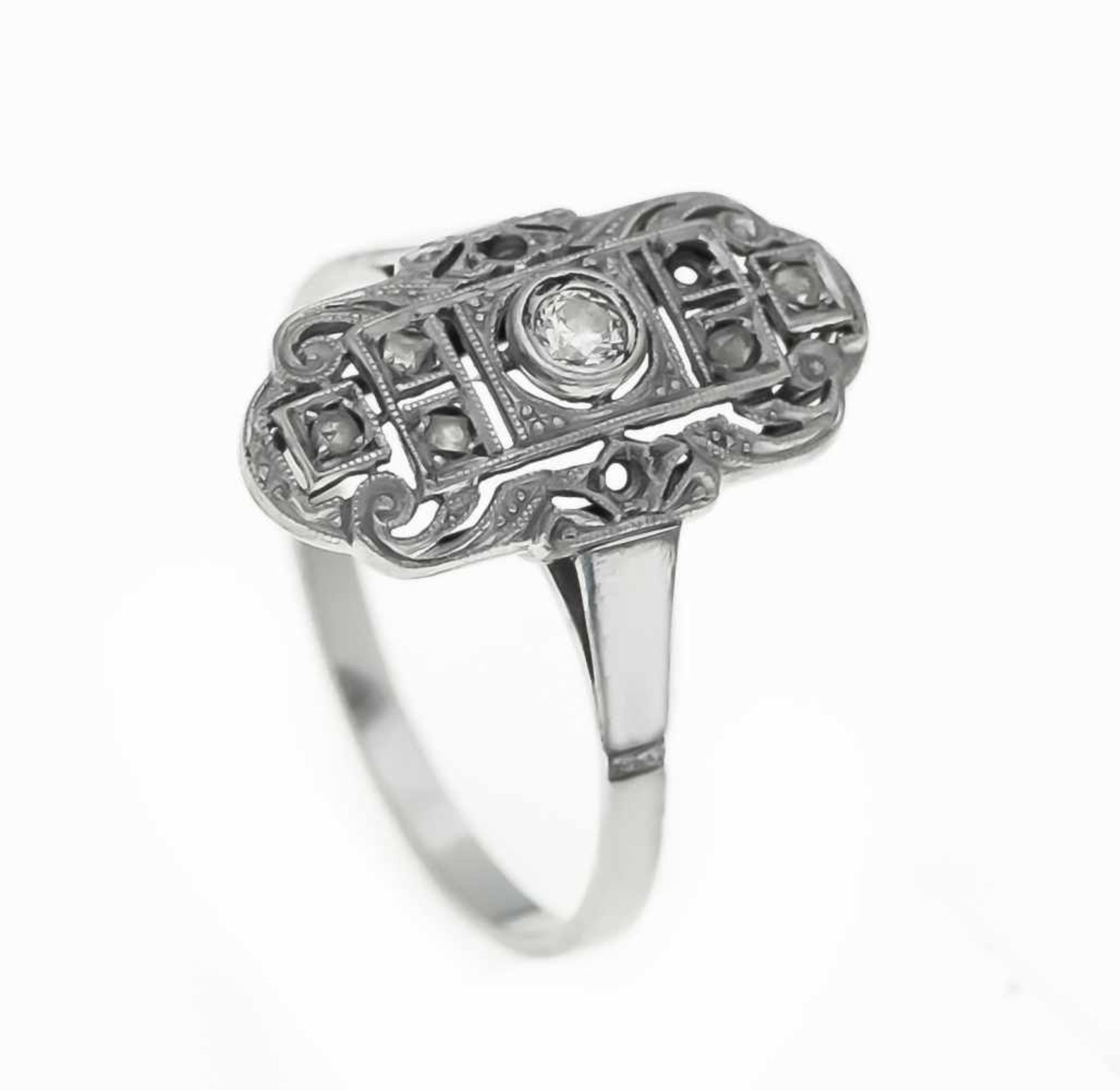 Art Déco Ring WG 585/000 mit einem Altschliff-Diamanten 0,07 ct W/VS und Diamantrosen (3St. fehlen),