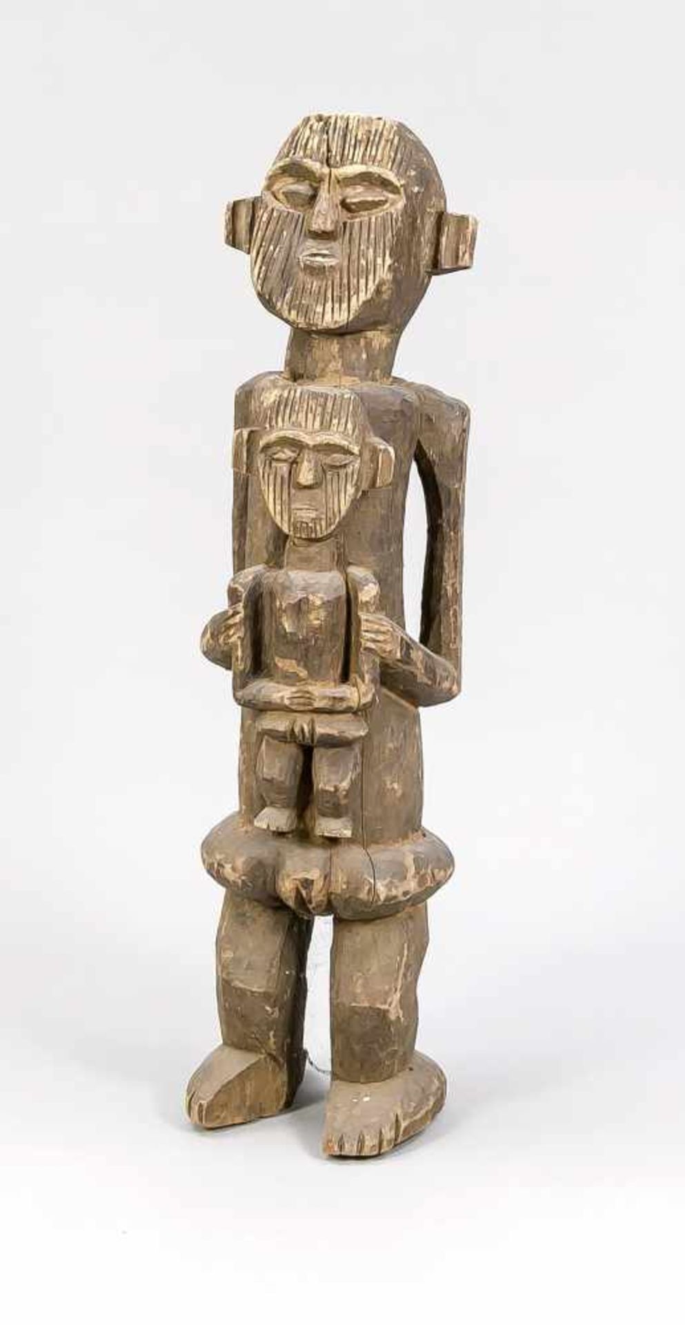Stehende Frau mit Kind, Nigeria. Dunkles Holz. Beide Figuren mit linearerGesichtszeichnung,