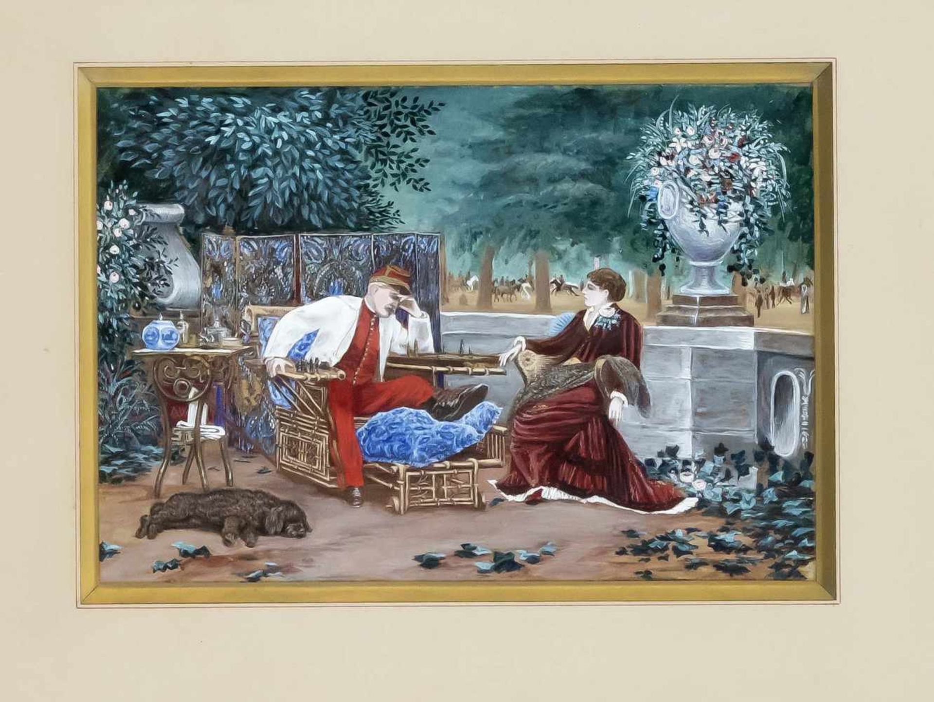 Aristokratenpaar bei einer Partie Schach im Garten mit Ausblick auf einen Park und Reitersowie bei