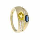 Saphir-Brillant-Ring GG 750/000 mit je einem gelben und blauen oval fac. Saphir 8 x 5,8 mmin guten
