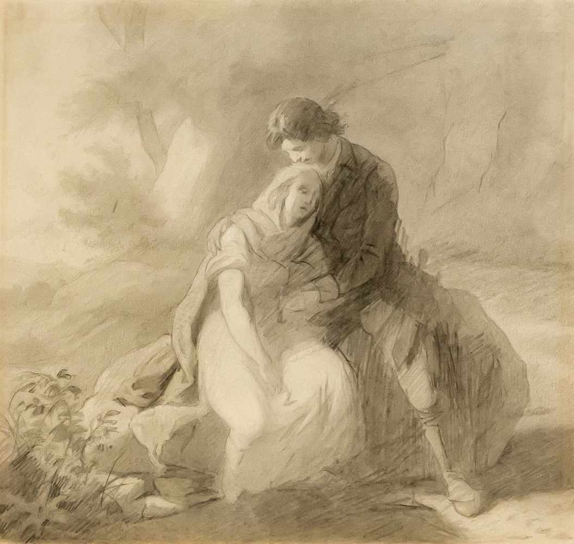 Wilhelm von Kaulbach (1804-1874) (attrib.), junges Paar auf einem Stein in angedeuteterLandschaft