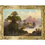 Anonymer Maler 1. H. 20. Jh., alpines Landschaftsidyll mit Angler, Öl auf Lwd., unsign.,46 x 63