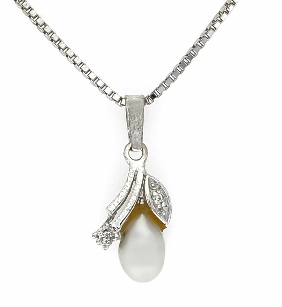 Perlen-Diamant-Anhänger WG 585/000 mit einer tropfenförmigen, weißen Zuchtperle 9 x 5,8 mmund 2