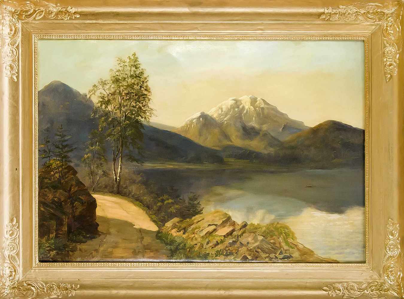 N. Pacht, Landschaftsmaler Ende 19. Jh., Alpiner Gebirgssee, Öl auf Karton überSpanplatte, u. li.