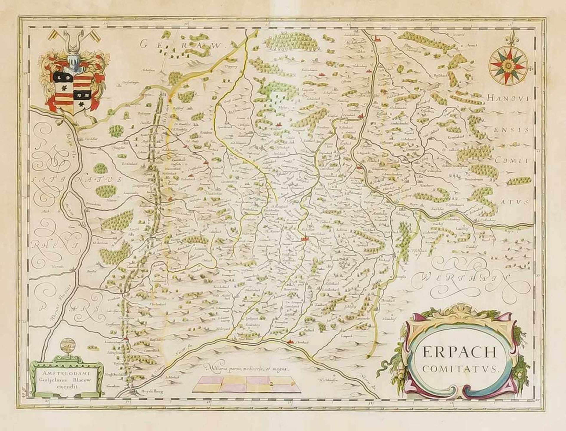 Blaeu, historische Karte des Odenwaldes um Erbach "Erpach comitatus", (Erbach, Bergstrasse&
