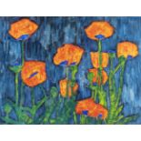 Peter Lübbers (1934-1982), Mohnblüten auf blauem Hintergrund, expressives Original inMischtechnik