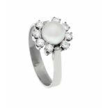 Akoya-Brillant-Ring WG 585/000 mit einer Akoyaperle 7 mm und 8 Brillanten, zus. 0,48 ctl.get.W-W/VS,