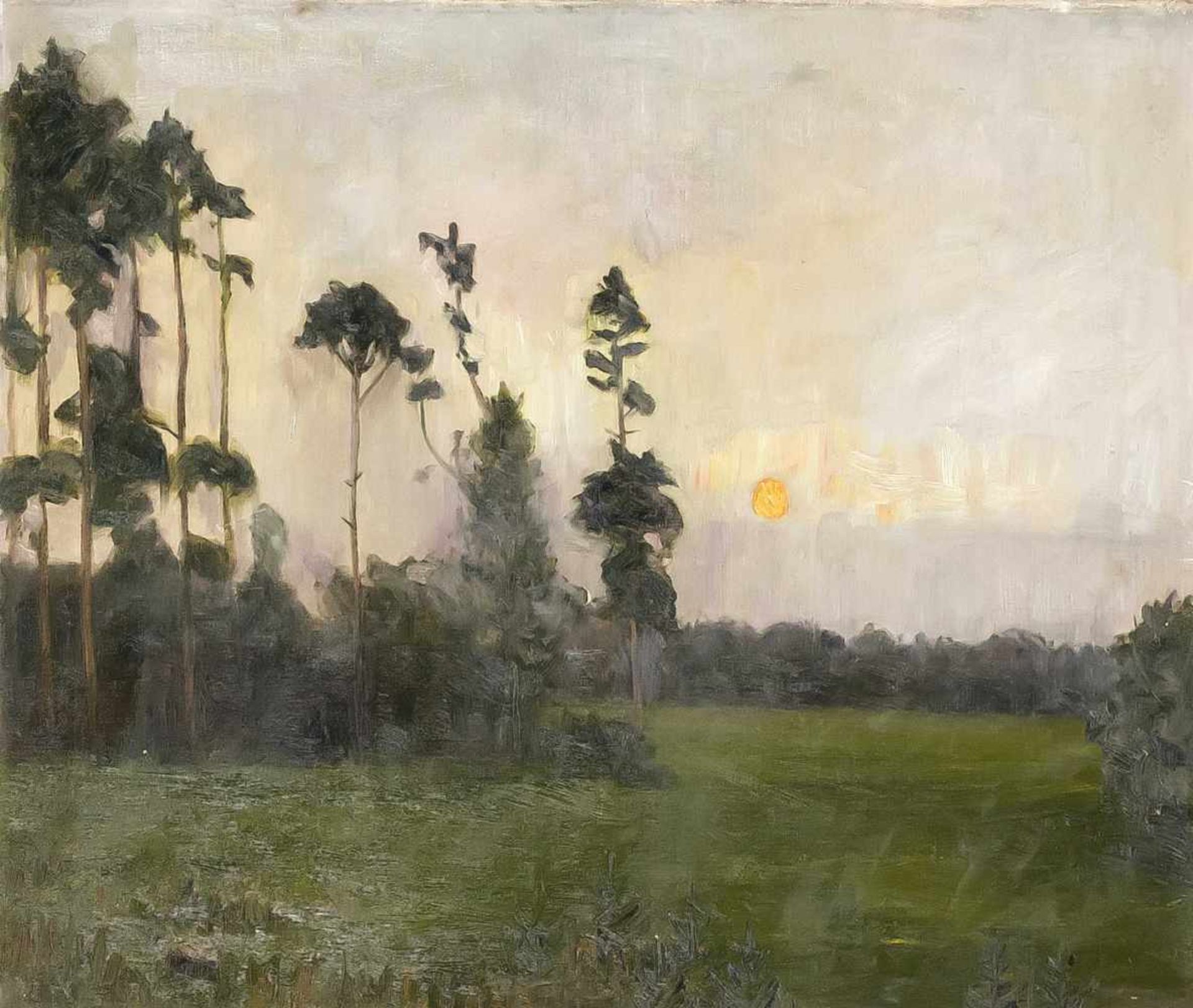 A. Funke, 1. H. 20. Jh., Landschaft im Frühnebel mit durchbrechender Sonne, Öl auf Lwd.,u. li.