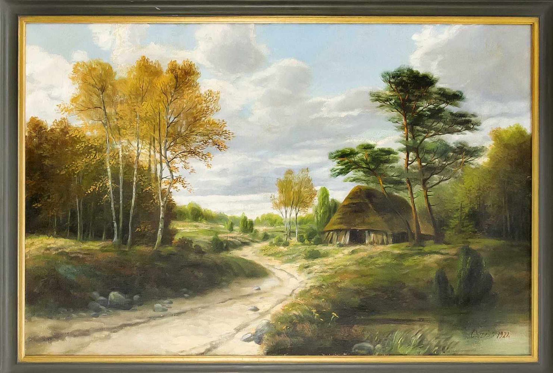 C. Weiss, Landschaftsmaler 1. H. 20. Jh., Heidelandschaft mit Bauernkate, Öl auf Lwd., u.re. sign.