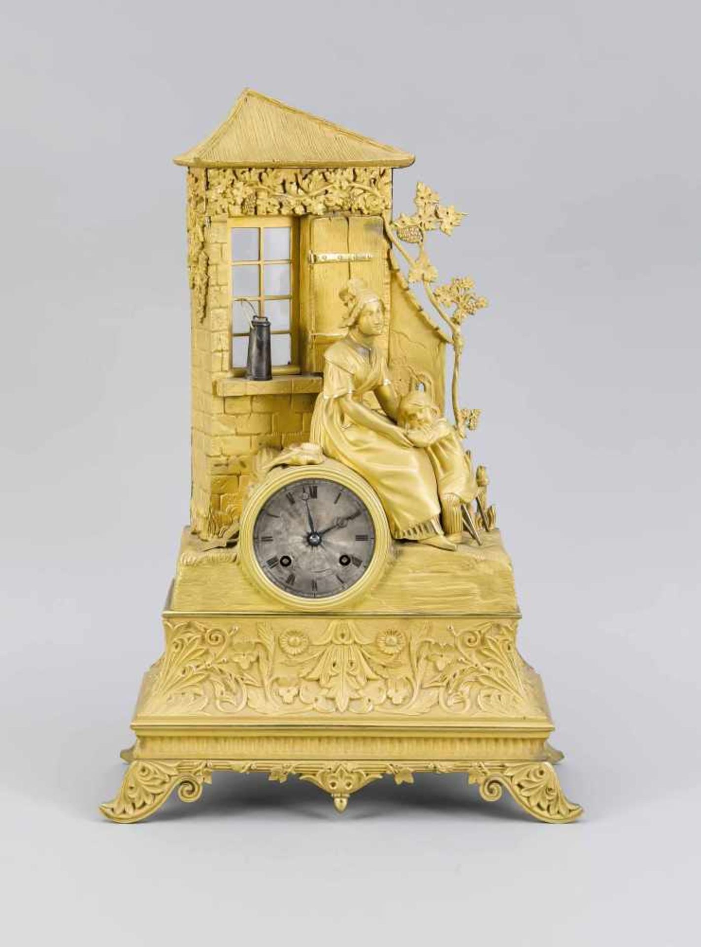 Franz. feuervergoldete Figurenpendule, 1. H. 19. Jh., feine Ausführung, poliert undmattiert,