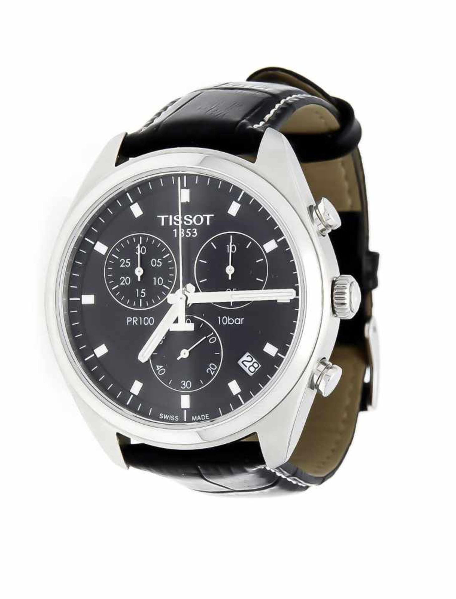 Tissot Herrenquarzchronograf PR100, Stahl mit schwarzem Lederband, mit Box und Papierenfullset, Ref.