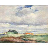 Unidentifizierter, norddeutscher Impressionist um 1920, weite Landschaft mit verstreutenHütten, Öl