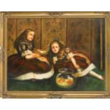 K. Enbrose, 2. H. 20. Jh., zwei Mädchen mit Goldfischglas, Öl auf Hartfaser, u. li. sign.,45 x 60
