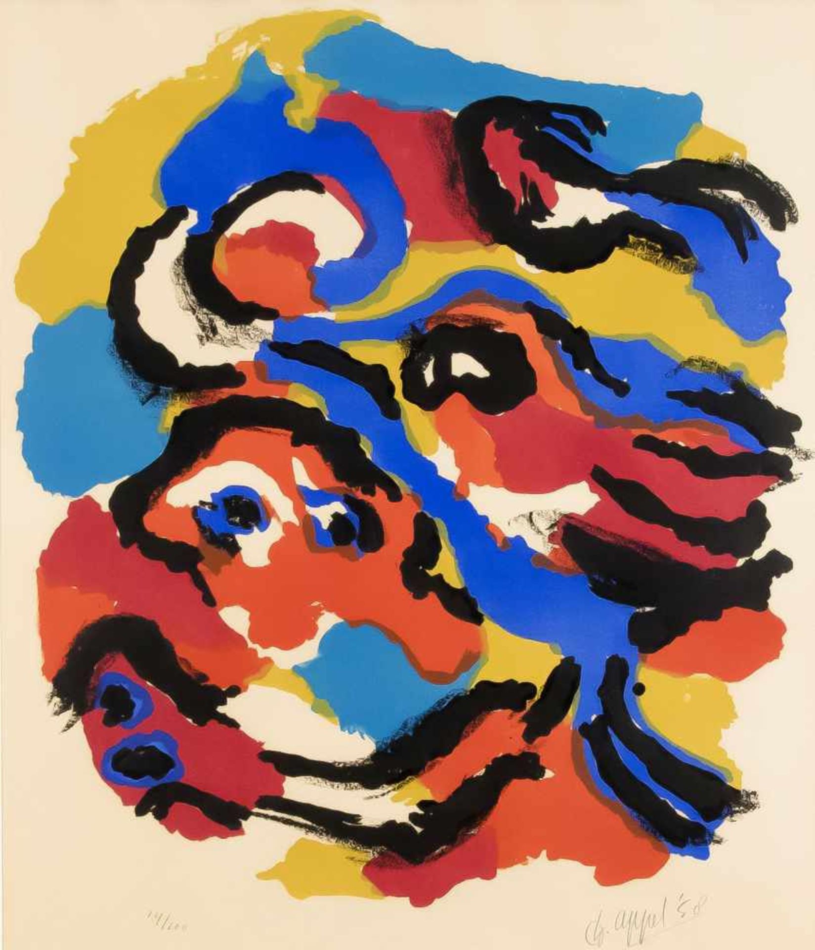 Karel Appel (1921-2006), Farbkomposition, große Farblithographie auf sandfarbenem Velin,u. re.