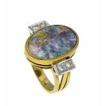 Opal-Brillant-Ring GG/WG 750/000 mit einem ovalen Matrix-Opal 17 x 12 mm und 4 Brillanten,zus. 0,