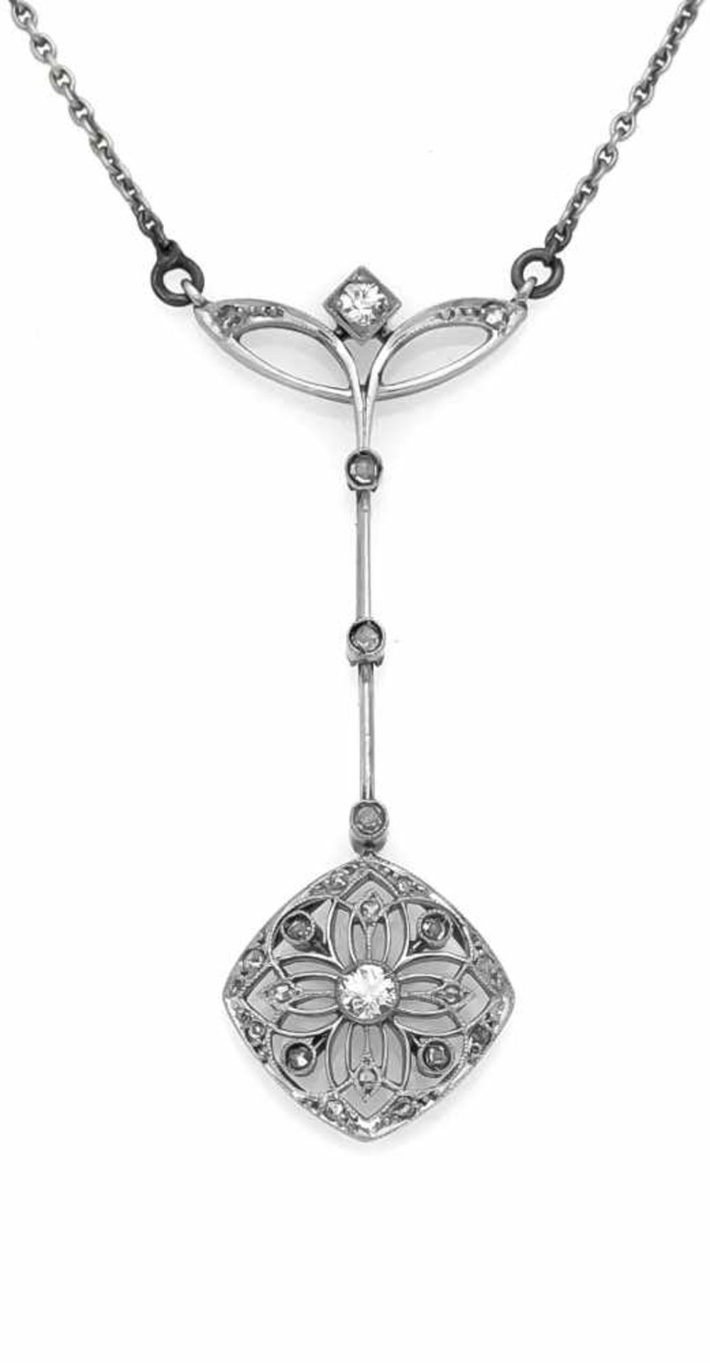 Art Déco Altschliff-Diamant-Collier GG/WG 585/000 mit 2 Altschliff-Diamanten, zus. 0,12 ctW/SI und