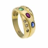 Multicolor-Ring GG 585/000 mit je einem oval fac. Saphir, Rubin und Smaragd 3,5 x 2,3 mmsowie 6