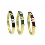 Multicolor-Ring-Set GG 585/000 3 Ringe, jeweils mit je 3 im Smaragdschliff fac. Rubinen,Smaragden