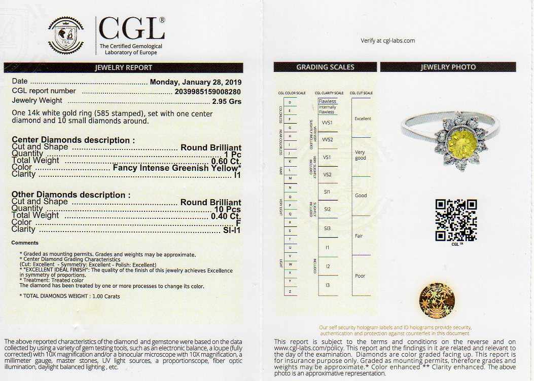 Brillant-Ring WG 585/000 mit einem Brillanten 0,60 ct Fancy Intense Greenish Yellow/PI1und 10 - Image 2 of 2