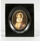 Miniatur im Holzrahmen, Ende 19. Jh., Öl auf Beinplatte. Portrait einer feinen Dame. Ovalhinter Glas