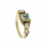 Art Déco Smaragd-Diamantrosen-Ring GG 585/000 mit einem fac. Smaragd-Carré 4,5 mm, 2Diamantrosen 3,5