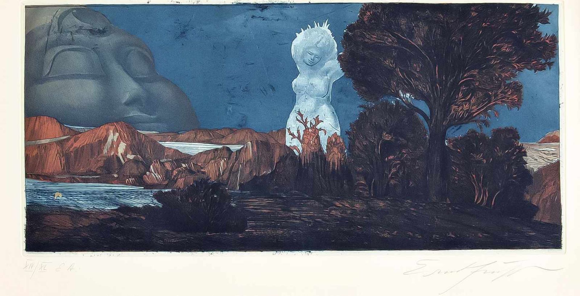 Ernst Fuchs (1930-2015), zyklopische Landschaft - Hain der Daphne, Farbradierung mitAquatinta,