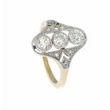 Art Déco Ring GG/WG 585/000 mit 3 Altschliff-Diamanten, zus. 0,60 ct l.get.W/SI und 6Diamantrosen,