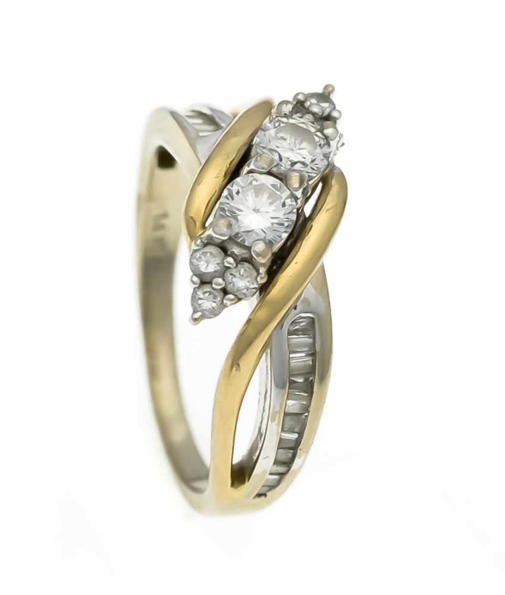 Brillant-Ring GG/WG 585/000 mit 8 Brillanten und 24 baguetteförmig fac. Diamanten, zus.0,72 ct l.