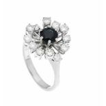 Saphir-Brillant-Ring WG 585/000 mit einem rund fac. Saphir 6 mm und 12 Brillanten, zus.0,96 ct W/SI,