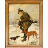 Anonymer Jagdmaler Ende 19. Jh., Jäger mit seinen Jagdhunden in verschneiter Landschaft,Öl auf Holz,