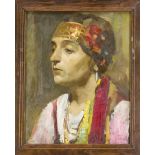 Anonymer Bildnismaler um 1900, Portrait einer Frau in farbenfroher Tracht mit Kopfschmuck,Öl auf