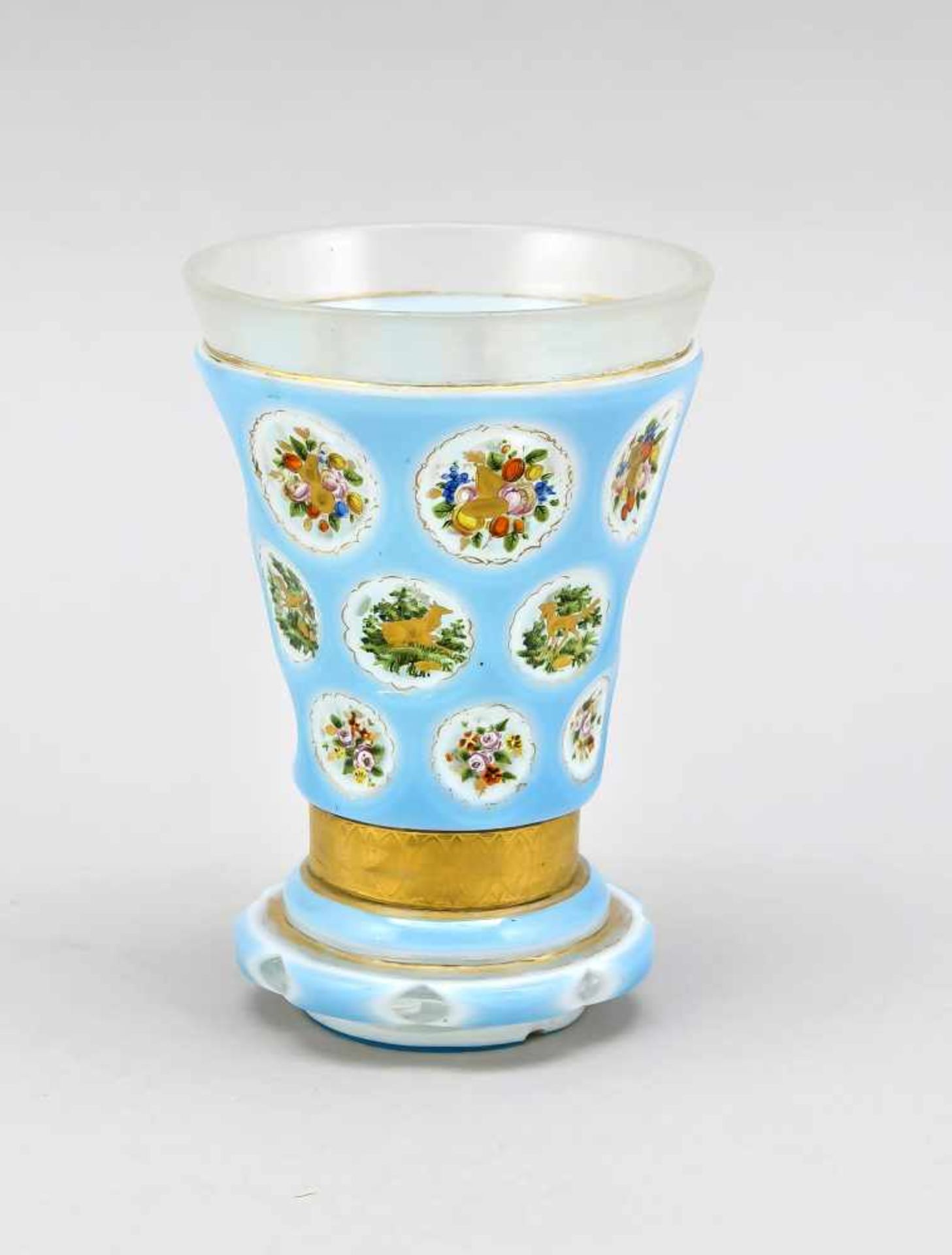 Fußbecher, um 1900, runder Stand, konische Kuppa, klares Glas, überwiegend hellblau undweiß