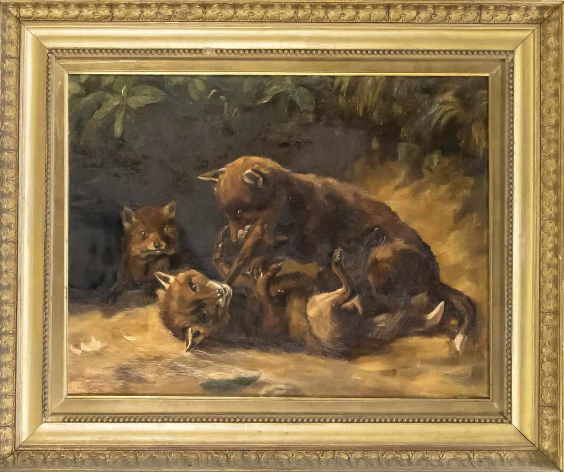 P. Sonntag, Tiermaler um 1900, spielende Füchse, Öl auf Lwd., u. li. sign., 44 x 56 cm,ger .60 x