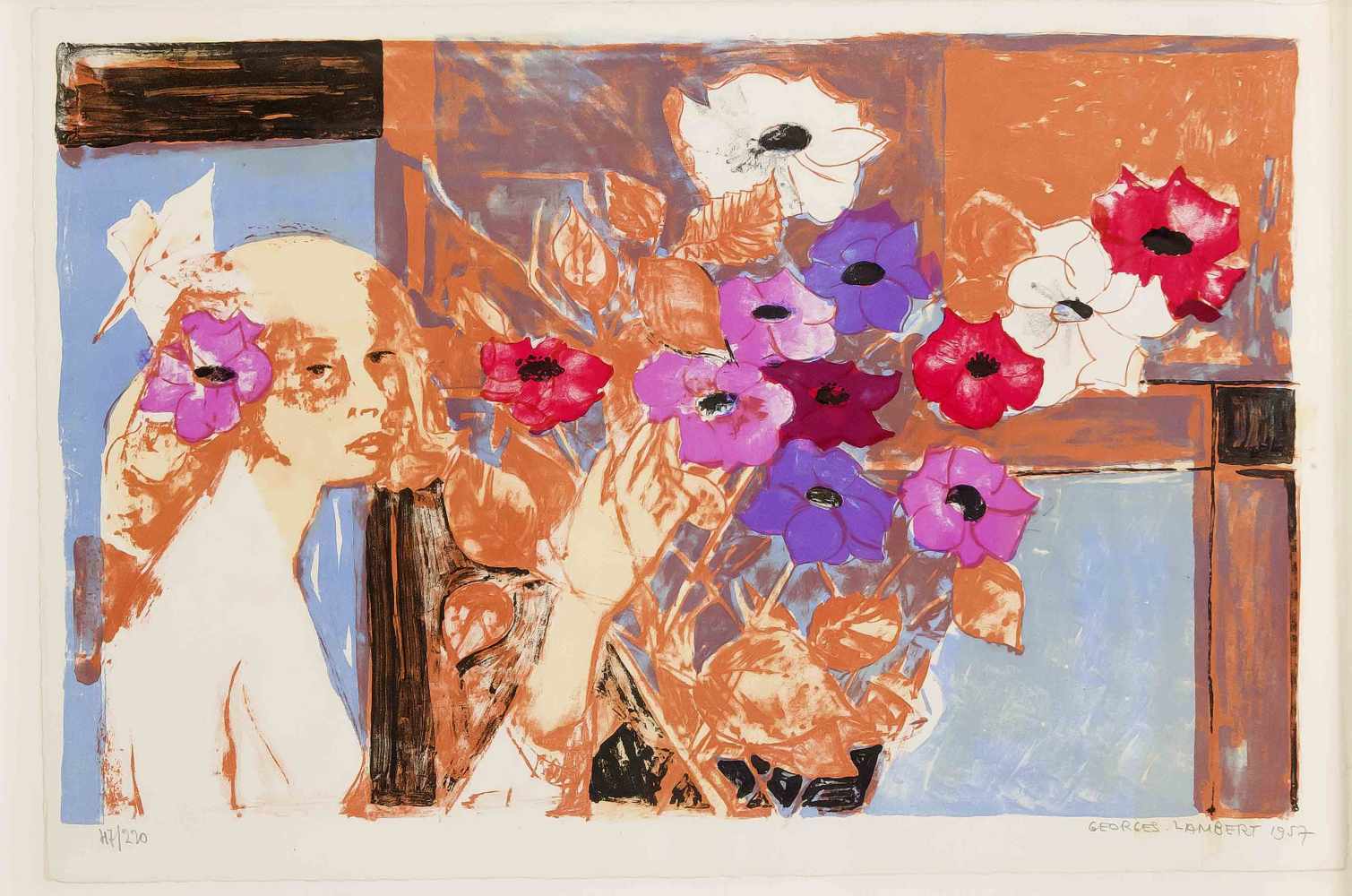 Konvolut von 5 Grafiken, 1930/50er Jahre, Georges Lambert (1919-1998). Frau mit Blumen,Farblitho.,
