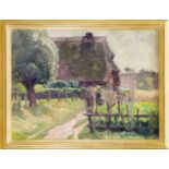 Martin Frost (1875-1928), reetgedecktes Bauernhaus mit Bäuerin, Öl auf Leinwand, aufKarton