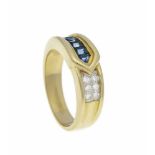 Saphir-Brillant-Ring GG 750/000 mit Saphirbaguettes 3 x 2,2 - 2,2 x 2,2 mm und 6Brillanten, zus. 0,