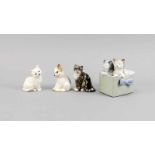 4 Katzenfiguren: Drei kleine Katzen, England, 20. Jh., Keramik, 1 Tigerkatze und 2 weißeKatzen, H.