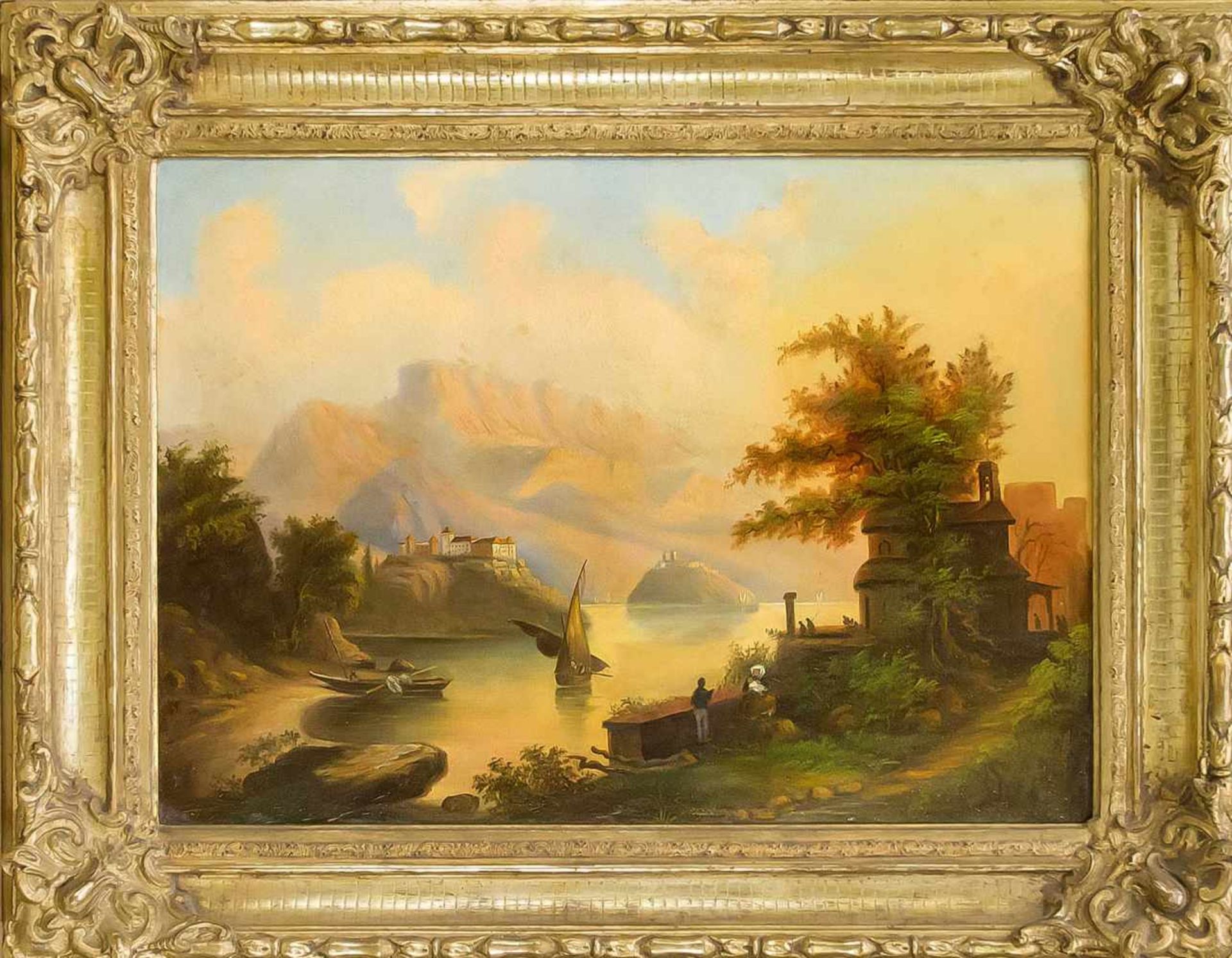 Anonymer Maler des 19. Jh., alpines Landschaftsidyll mit Burgen, Fischern undStaffagefiguren, Öl auf
