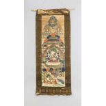 Thangka, Tibet, 19. Jh. Polychrome Pigmente (Mischtechnik) auf Tuch, von braun-goldenemBrokat