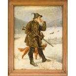 Anonymer Jagdmaler Ende 19. Jh., Jäger mit seinen Jagdhunden in verschneiter Landschaft,Öl auf Holz,