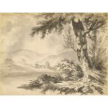 Henry Brocas (1762-1837), Irischer Maler, Flusslandschaft mit Burgruine im Hintergrund, um1800,