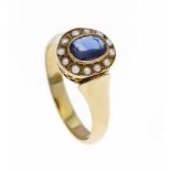 Saphir-Orientperlen-Ring RG 585/000 mit einem oval fac. Saphir 6,5 x 5 mm in guter Farbeund Reinheit