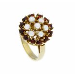 Granat-Orientperlen-Ring GG 750/000 mit weißen Orientperlen 2,8 mm und rundenGranatcabochons 1,8 mm,